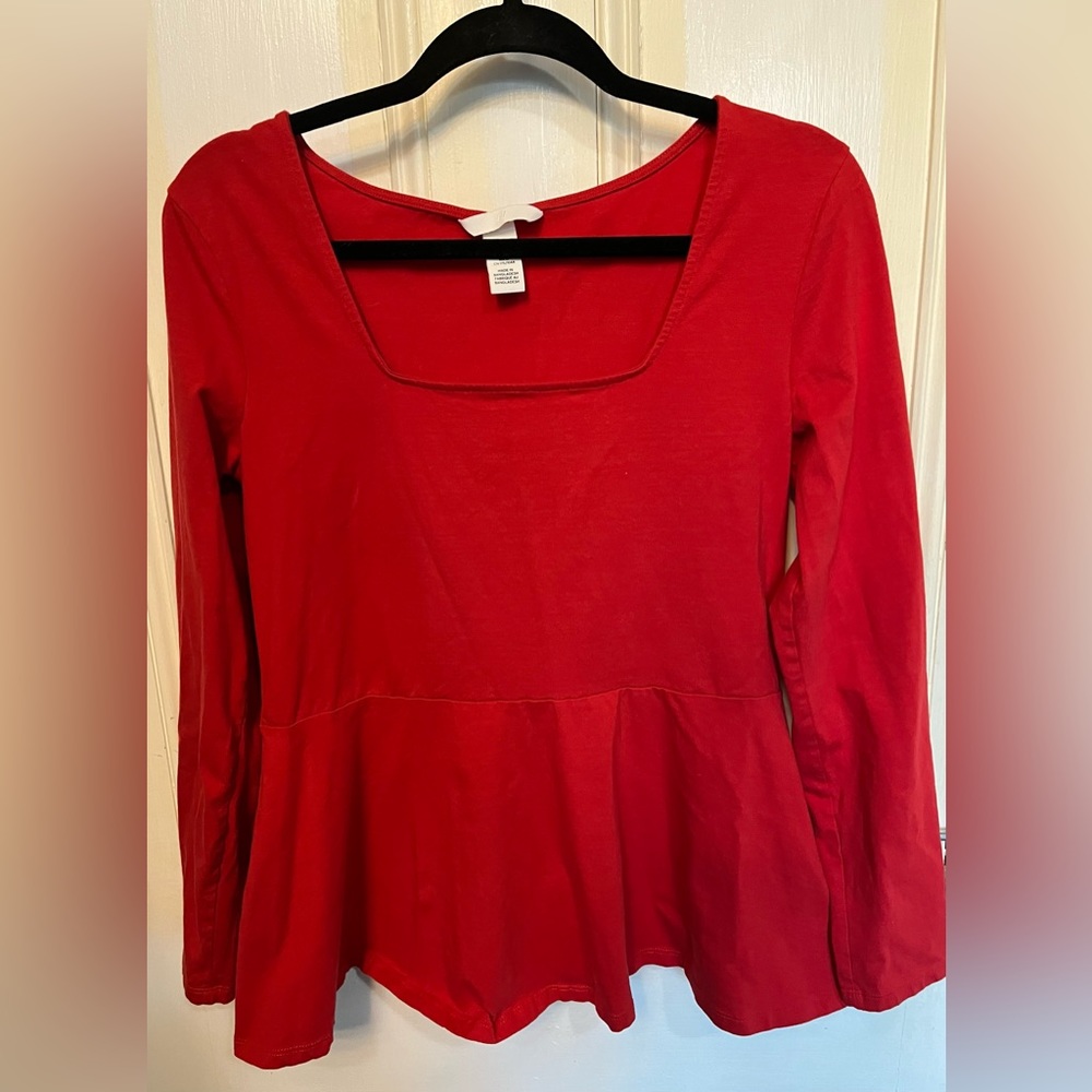 H & M Long Sleeve Red Square Scoop Neck Blouse Large